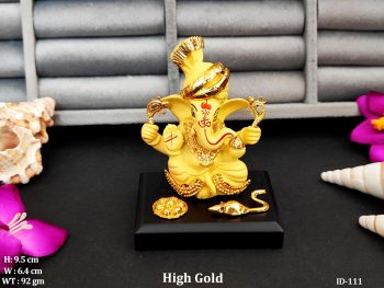 Majestic Golden Idol of Lord Ganesha Seated in Divine Splendor with His Sacred Mouse