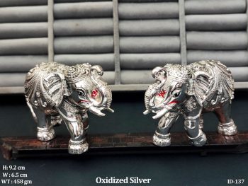 Antique Silver Finish Elephant Pair with Om Symbol Decorative Showpiece for Home Temple and Vastu Decor