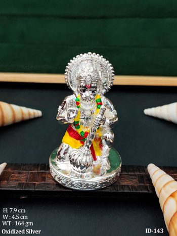 Divine Lord Hanuman Idol in Kneeling Pose Silver Finish with Colorful Accents for Pooja & Devotional Décor