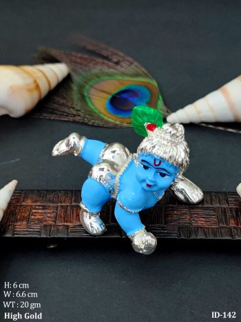 Handcrafted Baby Krishna Murti in Playful Pose Silver Look Decorative Idol for Pooja Room & Gifting