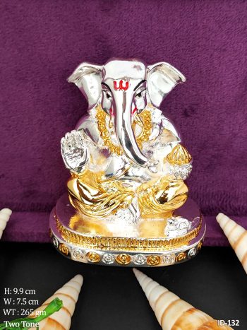 Lord Ganesh Idol in Silver & Gold Finish Seated with Modak and Blessing Hand on a Jewel Studded Base