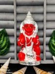 Lord Hanuman Idol in Red and Silver Kneeling Devotee of Shri Ram Holding Gada Symbol of Strength and Faith