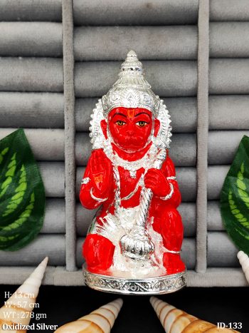 Lord Hanuman Idol in Red and Silver Kneeling Devotee of Shri Ram Holding Gada Symbol of Strength and Faith