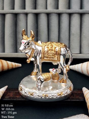 Mother Cow with Calf Idol Radiant Silver Golden Kamdhenu Idol