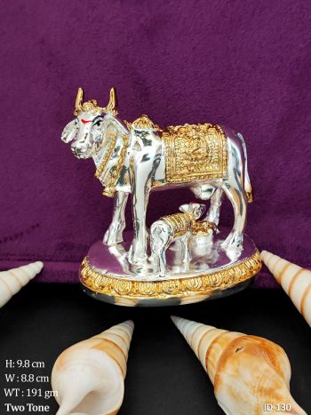 Mother Cow with Calf Idol Radiant Silver Golden Kamdhenu Idol