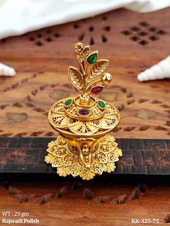 Rajwadi Sindoor Box with Carved Leaf Top and Multicolor Stones