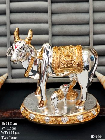 Silver & Gold Finish Kamdhenu Cow and Calf Idol Symbol of Abundance and Purity