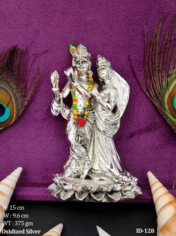 Silver Plated Radha Krishna Murti The Celestial Pair Standing Gracefully on Lotus Radiating Peace and Bhakti