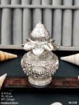 Traditional Silver Finish Kalash with Intricate Lotus and Deity Carvings Sacred Décor for Pooja Room and Festive Rituals