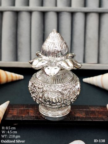 Traditional Silver Finish Kalash with Intricate Lotus and Deity Carvings Sacred Décor for Pooja Room and Festive Rituals